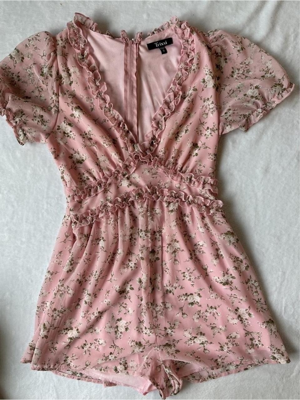 Trixxi Floral Ruffle V-Neck Pink Romper - Picture 6 of 7